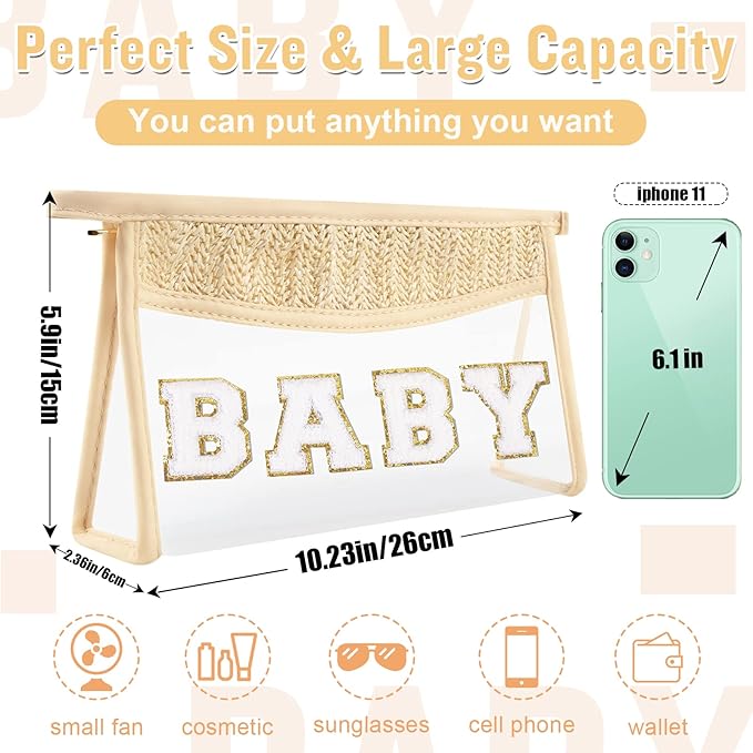 Boho Clear Makeup Letter Patch Makeup Bag BABY Pouch, Clear Toiletry Bag Travel Small Cute Preppy Chenille Letter Cosmetic Zipper Purse, Waterproof Diaper Bag Organizing Pouches for Women Girls(BABY)