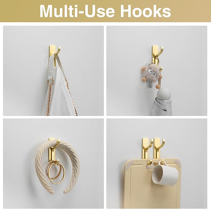 niffgaff Wall Hooks for Coat and Towel: 13lb Adhesive Door Hanger Stick On, Sticky Hook for Wall, Closet, Bathroom - Stainless Steel, Brushed Gold, 6 Pack