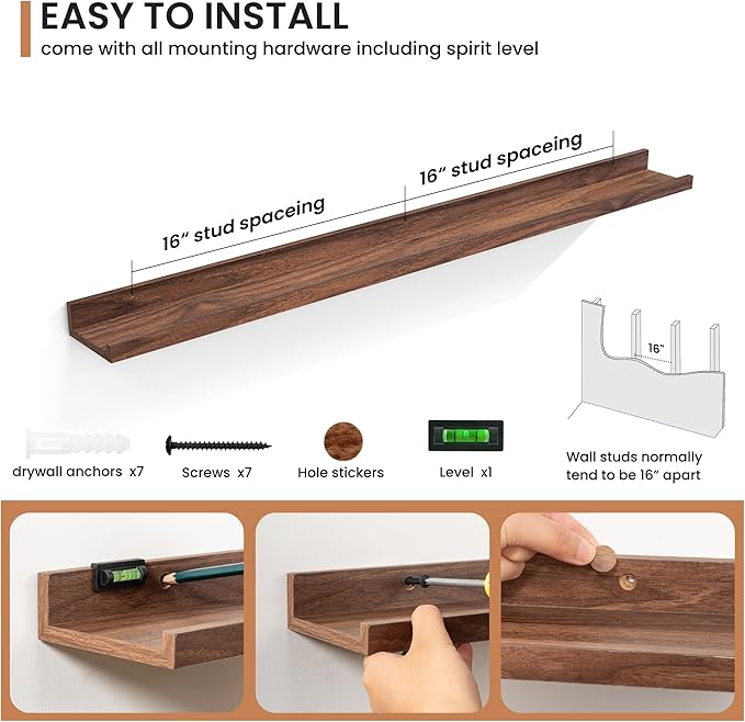 Fun Memories Picture Ledge Shelves Set of 2, 48 Inch Rustic Wall Mounted Floating Shelves with Lip for Home Storage and Décor in Bathroom, Kitchen, Nursery, Bedroom, Living Room, Walnut