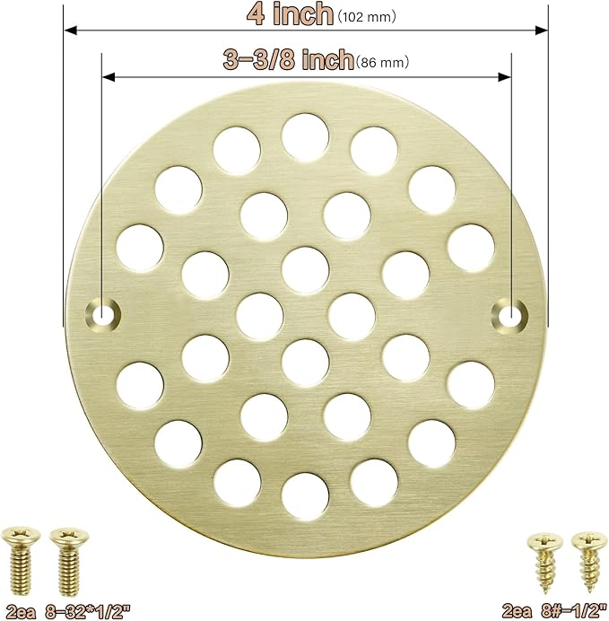 4" Shower Strainer Drain Trim Set, Screw-in Shower Drain Cover Replacement Floor Strainer, Shower Cover Bathroom Drain Strainers (Brushed Gold)