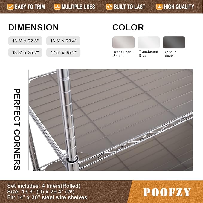 Poofzy Wire Shelf Liner 14" X 30", Non-Adhesive Plastic Shelf Liners for Wire Shelving, Waterproof Protector Mats (4PK, Gray)