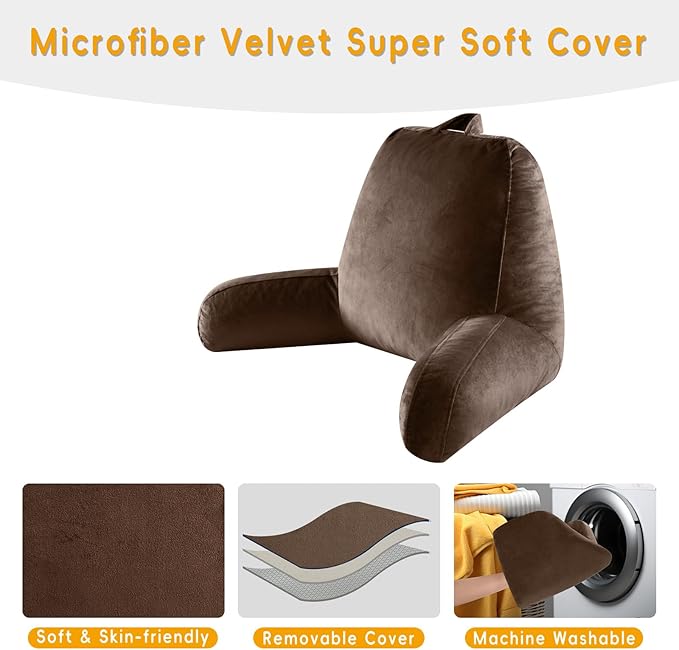 Reading Pillow for Sitting in Bed Adult, Reading Pillow with Shredded Memory Foam, Back Pillow for Bed Sitting Up with Extend Arms, Pockets, Bed Pillow with Washable Cover,Brown, X-Large