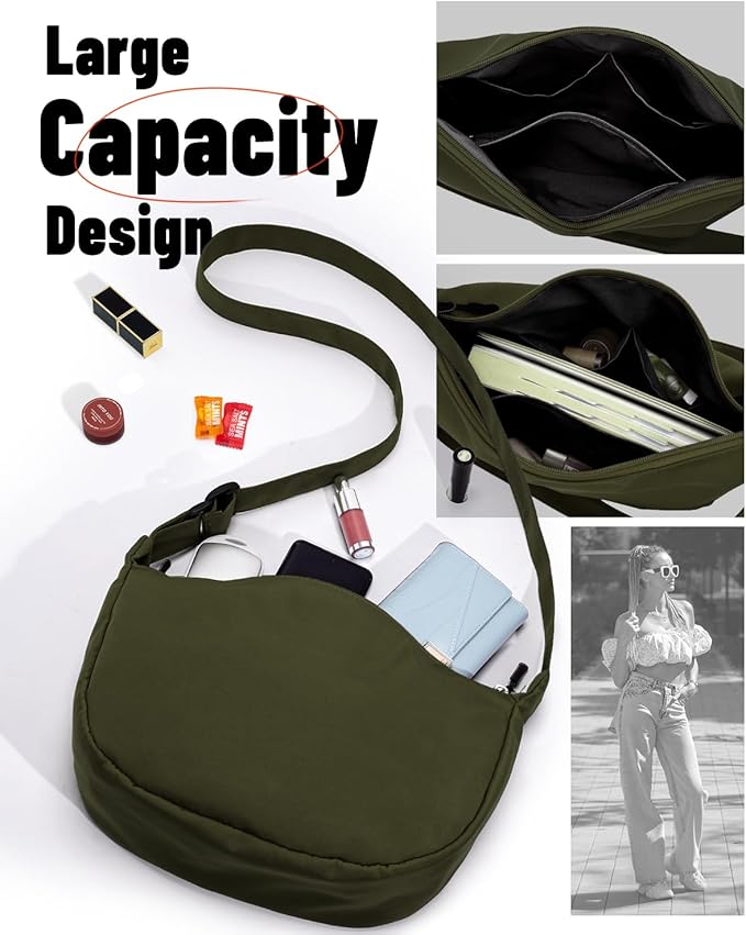 Crossbody Sling Bag for Women Men Trendy, Crescent Bag with Adjustable Strap, 2 Zippers Lightweight