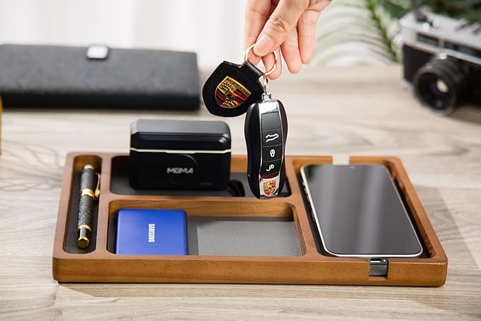 Shinpuru Wooden Valet Tray with Leather Inlay - Nightstand & Desk Organizer - EDC Essentials Catchall Tray for Keys, Phone, Wallet, Watch, Earbuds - Stylish Storage (Wood-Pen)