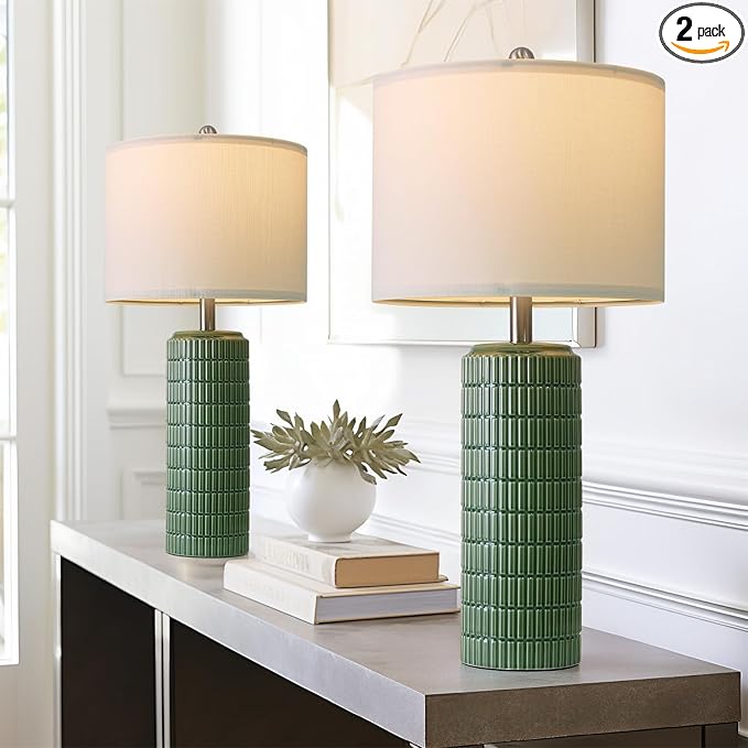 PoKat 27.5" Dark Green Ceramic Table Lamps for Living Room, Farmhouse Table Lamps Set of 2 for Bedroom Night Stands, Modern Bedside Lamps for End Side Table, Vintage Nightstand Decor Lamps Home Office