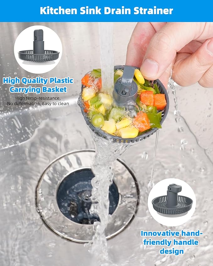 Hibbent 3 in 1 Kitchen Sink Drain Strainer and Stopper Combo, Chrome Stainless Steel Wraped Shell, Anti-Clogging Basket Strainer with Foldable Handle for US Standard 3-1/2" Drain
