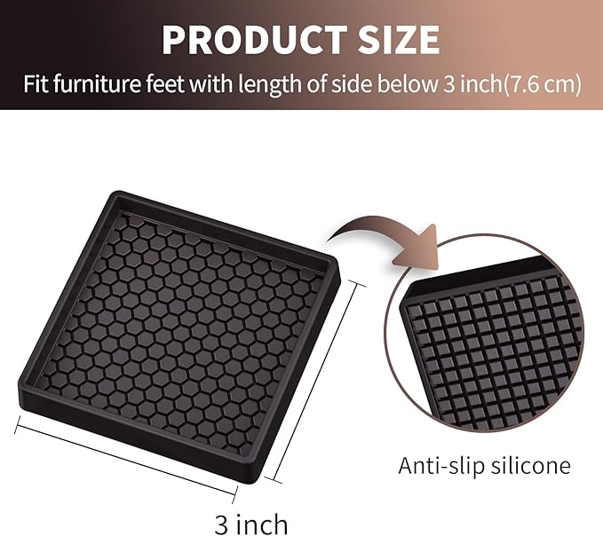 Ezprotekt 3x3" Square Rubber Anti-Slip Furniture Pads Coasters for Hardwood Floors, 4 Pcs Non-Slip Furniture Caster Cups Floor Protectors for Sofa Couch Bed Stoppers to Prevent Sliding (Brown)