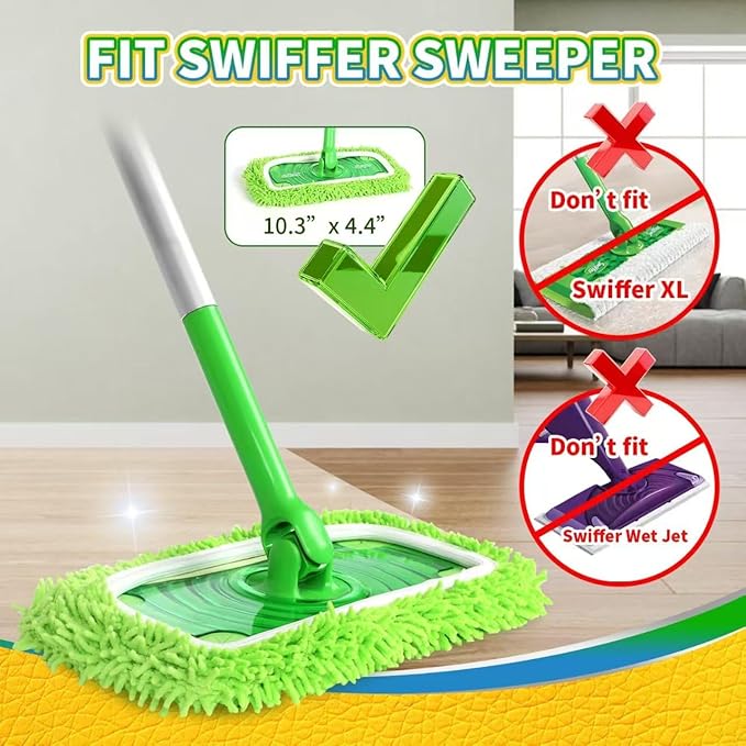 8 Pack Chenille Mop Pads, Reusable Microfiber Mop Refills for 10''–12'' Flat Mops, Washable Wet & Dry Floor Pads for Hardwood, Tile, Compatible with Swiffer Sweeper