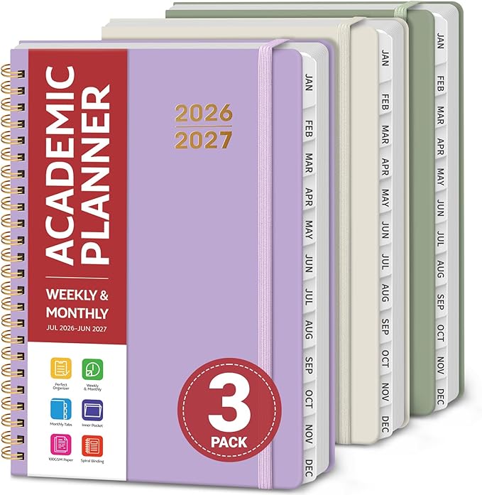 Planner 2026-2027 for Women & Men, Set of 3, Academic Monthly and Weekly Calendar Planner, Jul 2026 - Jun 2027, A5 (6.3" x 8.5"), Teacher Student Planning Book with Tabs, Ideal for Office School Supplies - Beige Purple Green