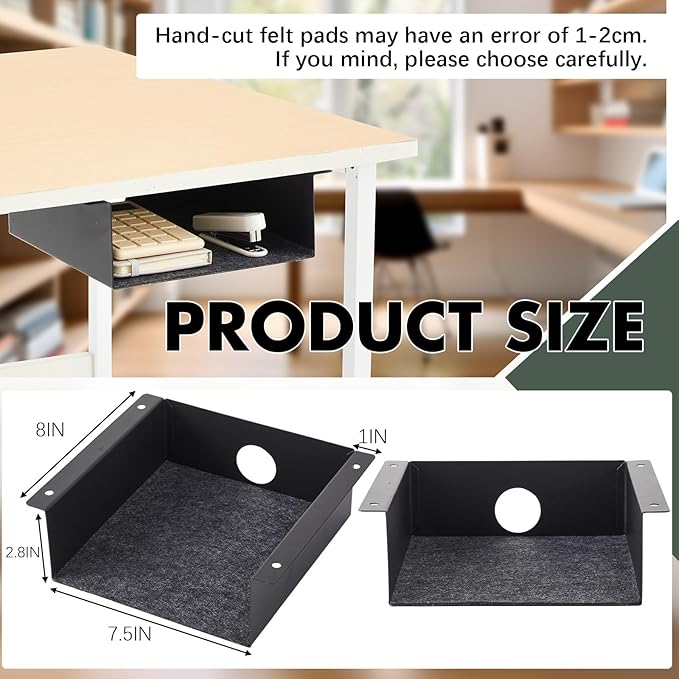 2 Pack Under Desk Hanging Shelf, Carbon Steel Storage Tray with Mute Felt Sheets, Mount Shelves Organizer for Office Home Workstation Gaming Desk Stand up(7.5x8x2.8 In/Storage Shelf,Black)