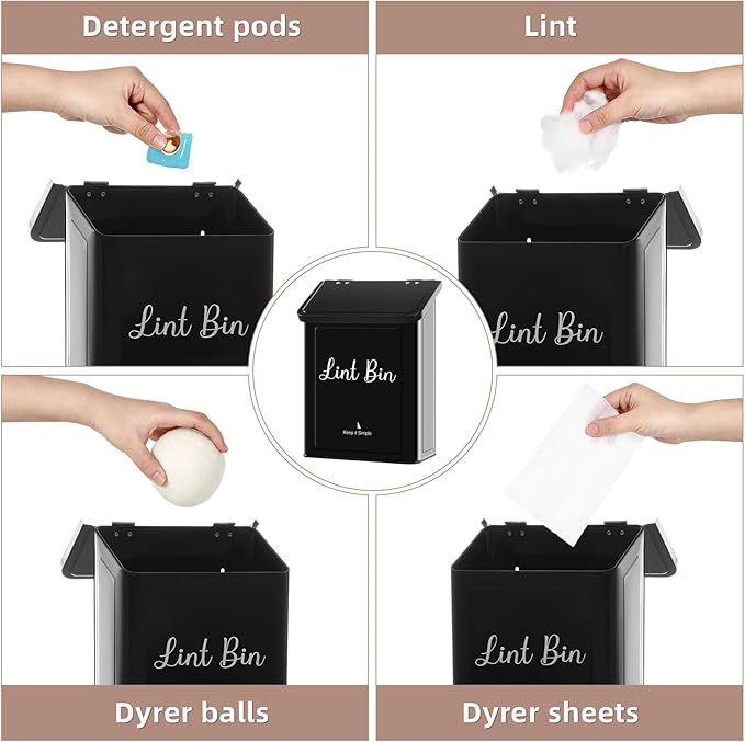 SUBEKYU Metal Magnetic Lint Bin for Laundry Room, Wall Mounted Lint Box Holder Trash Can with Lid for Dryer, Black