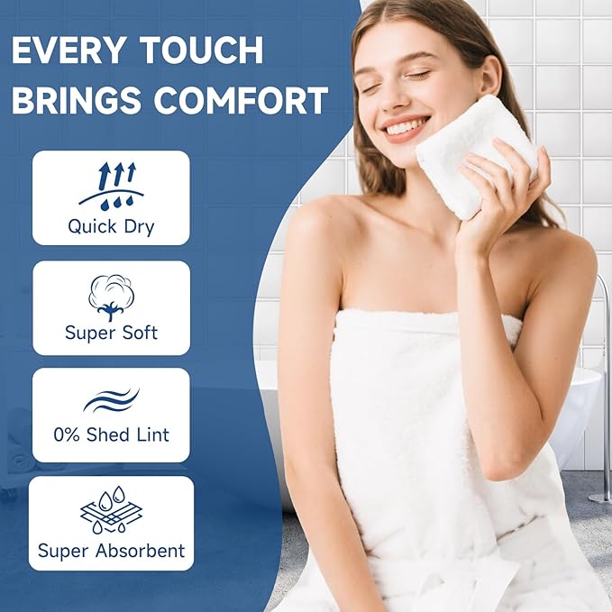 TEAWOO 40 Pack White Coral Velvet Washcloths Bulk, Highly Absorbent and Soft Face Towels, Multi-Purpose Wash Cloths & Hand Towels for Bathroom, Hotel, Spa and Gym, 12 x 12 inches