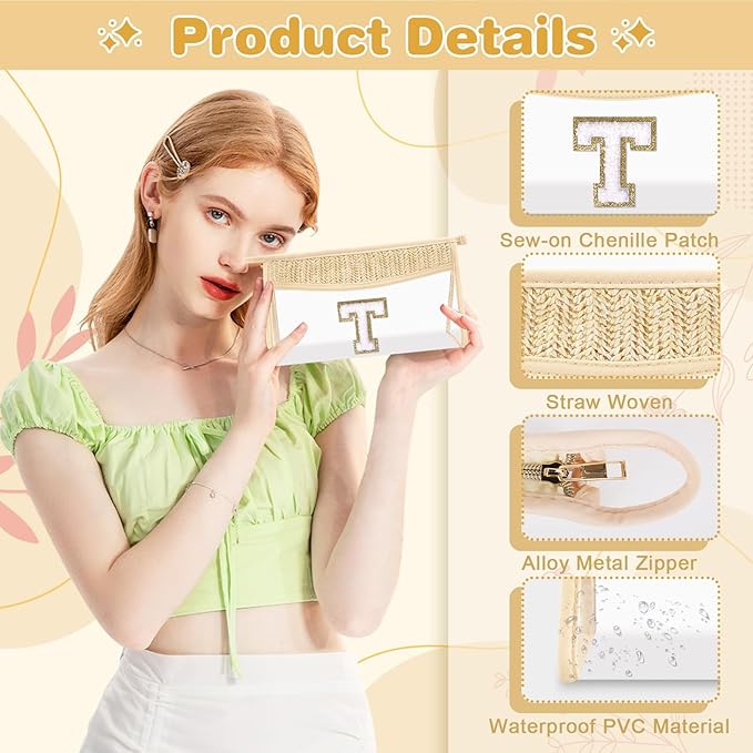 Personalized Initial Letter Bag Boho Straw Clear Makeup Bag, Small Cute Chenille Varsity Letter Bag With Zipper, Beach Travel Toiletry Bag, Portable Monogrammed Cosmetic Bag for Women Girls, T