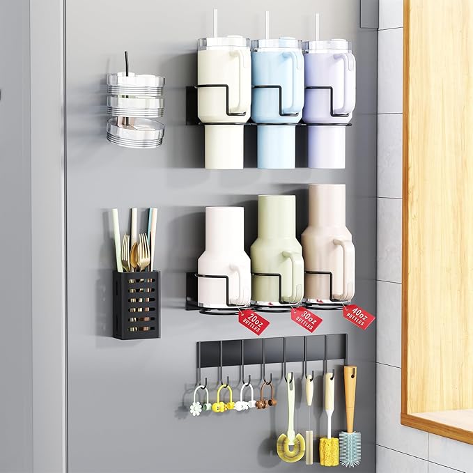 Magnetic Cup Holder for Fridge, Aufworld Tumbler Organizer with 8-Hook Rack, Fits 20/30/40 oz Stanley Cups, Accessory Storage with Lid & Straw Holder, Water Bottle Organizer for Kitchen Refrigerator