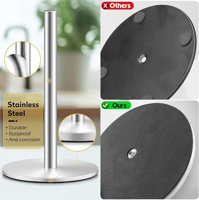 Silver Paper Towel Holder, Stainless Steel Paper Towel Holders, Stainless Paper Towels Holder Countertop, Premium Kitchen Roll Holder, Non-Slip Paper Towel Stand with Solid Weighted Base