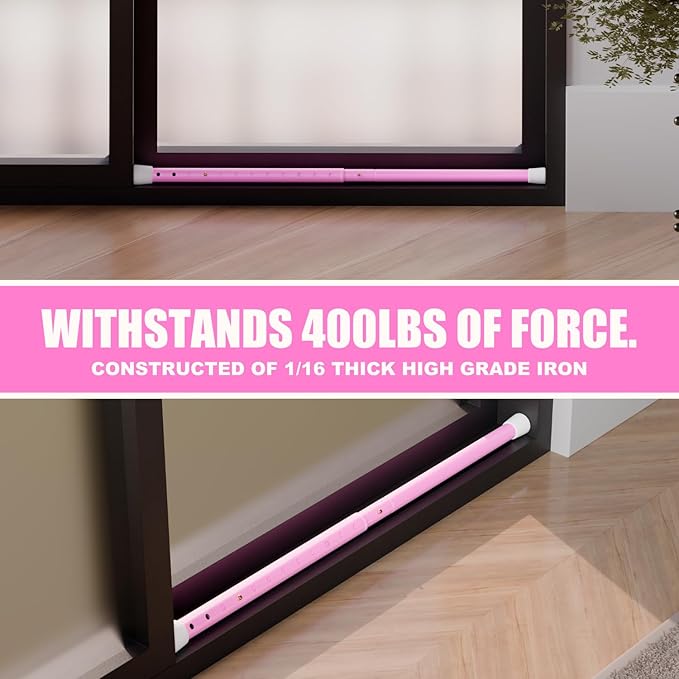 SECURITYMAN 3-in-1 Door Security Bar & Sliding Door Security Bar - Withstands 400lbs of Force - Door Jammer Constructed of High Grade Iron - Pink Door Stoppers - Patio, Window, Hinged Doors