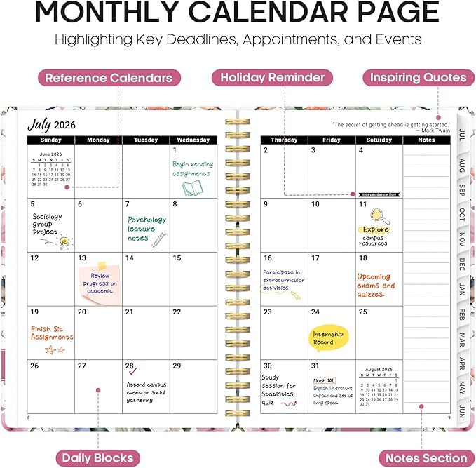 Planner 2026-2027, Academic Year Monthly and Weekly Calendar Planner, Jul 2026 - Jun 2027, Hardcover Teacher Student Planning Agenda book with Tabs, Perfect for School Office Supplies, 8.5" x 11" - Songbird Bloom