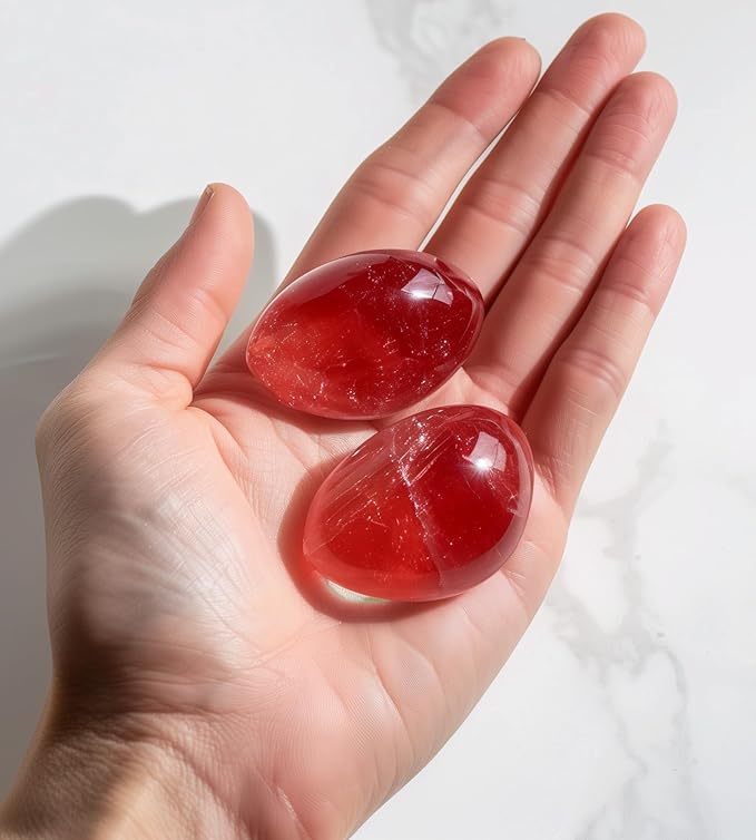 Polished Red Quartz Crystal Stones - 2 Pcs of 1.2" Worry Stone for Anxiety, Pocket Palm Stone Super Large Handpicked Natural Tumbled Gemstones for Meditation, Reiki, Chakra Healing, Home Decor