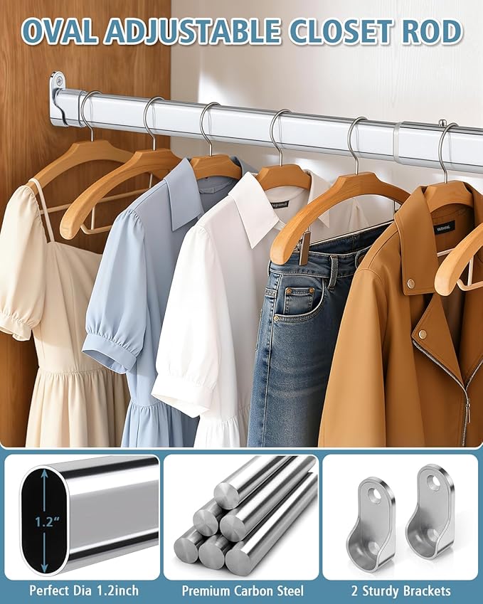 Heavy Duty Oval Closet Rod for Hanging Clothes, 17.7-29.5 Inch Adjustable Closet Rods, Premium Chrome