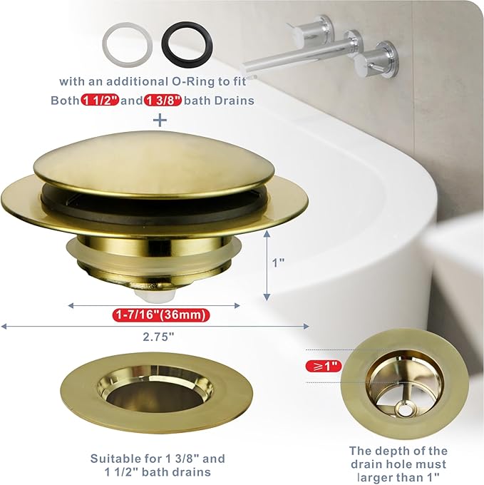 Gold Brushed Tub Drain Stopper, Universal Pop Up Bath Drain Plug Bathtub Drain Stopper, Hidrop Conversion Kit Assembly, Replaces Lift and Turn, Tip-Toe Plug Stopper for Tub, EZ Install (Gold Brushed)