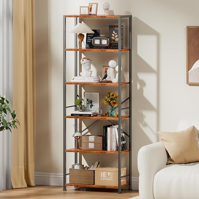 Furologee 6 Tier Book Shelf, Tall Wide Bookshelf, Industrial Open Bookcase, Display Shelves Storage Organizer, Shelving Unit for Living Room, Home Office, Bedroom, Rustic Brown