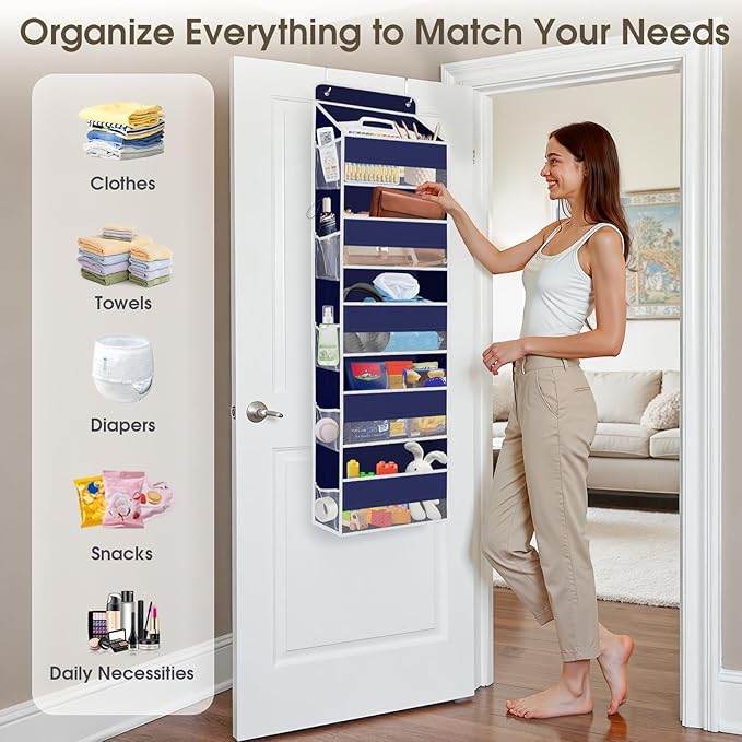 2 Pack Over The Door Organizer, Hanging Storage Organizer with Clear Window, 40lb Ultra Sturdy Large Capacity Room Organizer for Pantry Laundry Bathroom Nursery Closet (Grey)