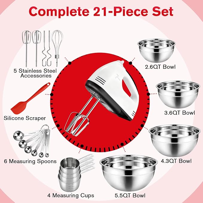 Showvigor Electric Hand Mixer with Stainless Steel Mixing Bowl Set –7 Speeds Turbo-Boost Hand Mixer with Large Mixing Bowls, Measuring Cups, Spoons & Silicone Spatula for Kitchen Cakes Eggs Baking