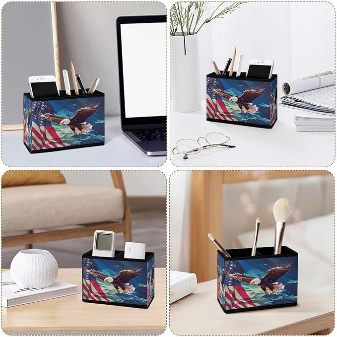 Famame American Flag Map Eagle Pencil Holder for Desk, Leather Desktop Container Pen Cup Storage Study Table Pen Organizer Makeup Brush Holder for Classroom Office Home