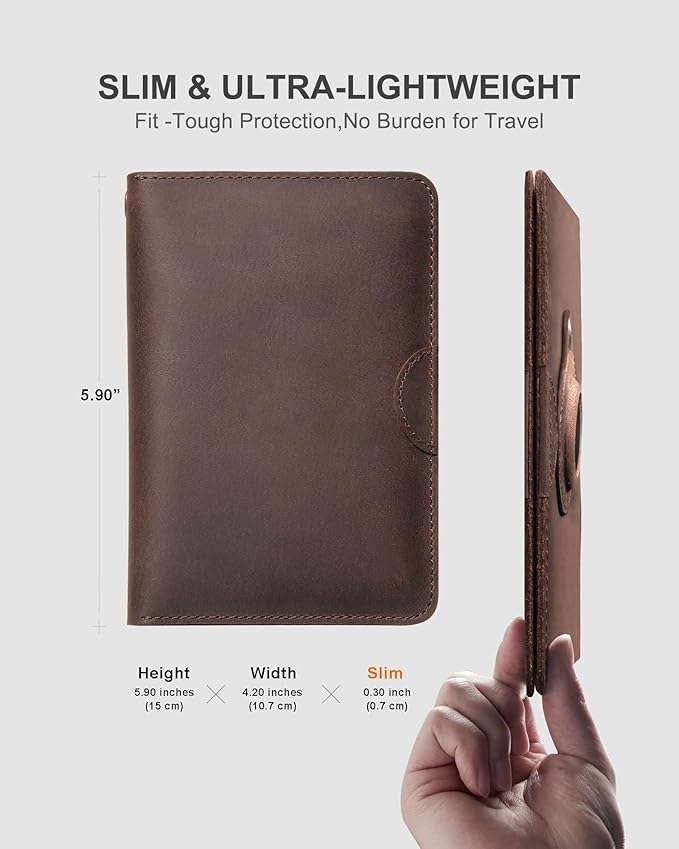 Rfid Blocking Leather Passport Holder for Travel with AirTag Slot, Slim Passport Cover Travel Wallet for Women Men, Travel Must Haves Gifts (Dark Brown)