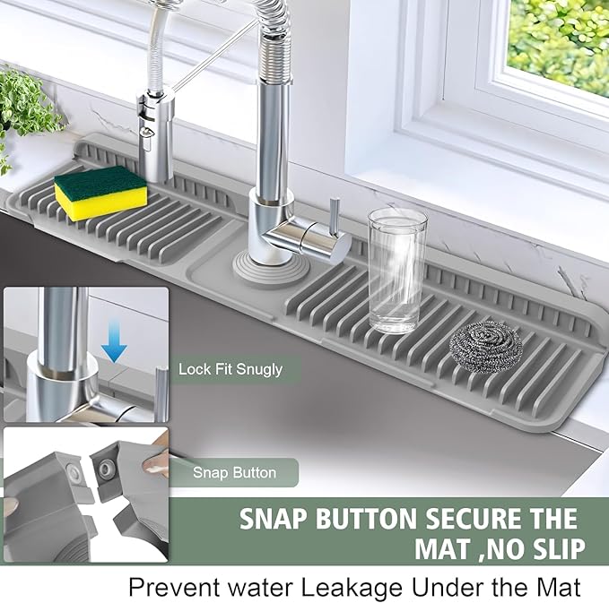 Hugro Tarfive 24-Inch Kitchen Sink Splash Guard Mat | 7° Slope for Fast Self-Draining | Snap-Lock Design | Universal & Cuttable Silicone Faucet Mat Gray
