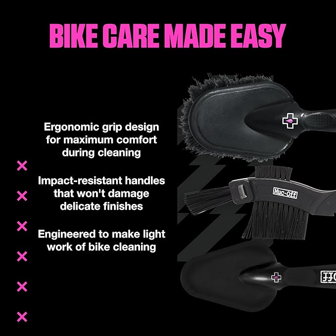 Muc-Off 220 3 Piece Premium Brush Kit - Includes 3 Bike Cleaning Brushes With Durable Nylon Bristles And Ergonomic Rubberised Handles To Minimise Impact