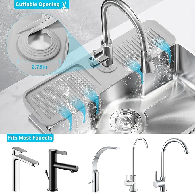 Folding Faucet Mat for Kitchen Sink Upgraded Premium Silicone Splash Guard with Fast Drying Properties Protective Sink Tray Ideal for Stone Sinks in Kitchen & Bathroom (Black, 23.8"x5.5")