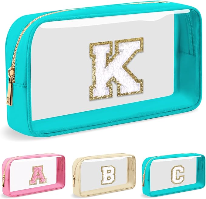 Personalized Initial Letter Clear Makeup Bag,Preppy Small Nylon&PVC Cosmetic Zipper Bag with Chenille Letter,Portable Beach Travel Skincare Toiletry Bag,Trendy Monogram Gift for Teen Girls Women,K