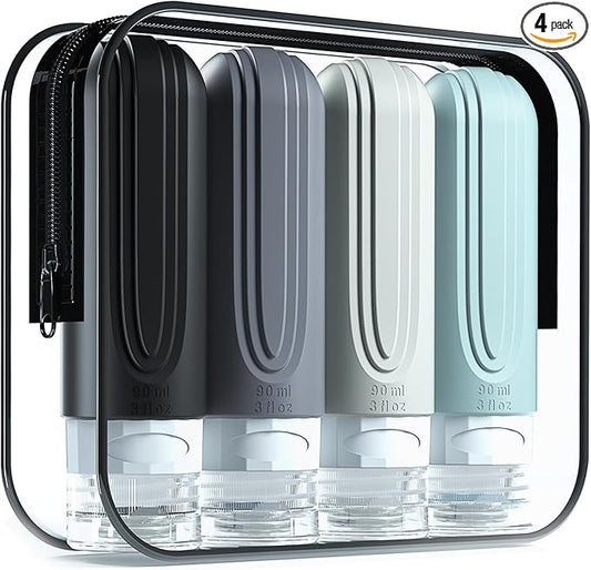 Mrsdry Travel Bottles for Toiletries, Tsa Approved 3oz Travel Size Containers BPA Free Leak Proof Refillable Liquid Silicone Squeezable Travel Accessories for Shampoo Conditioner Lotion (4 Pack)