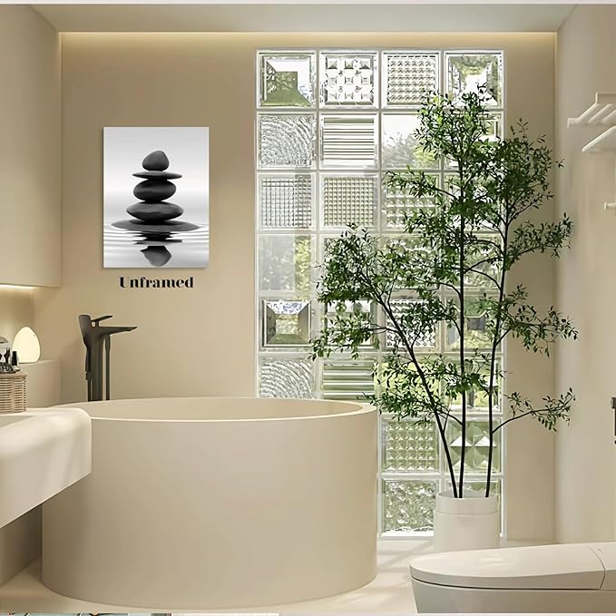 DCMVJHZV Black and White Bathroom Poster Stones in the water Wall Art Zen Bathroom Wall Decor Yoga Meditation Picture Print Spa Room Bedroom Living Room Wall Painting(16"x24" Unframed)