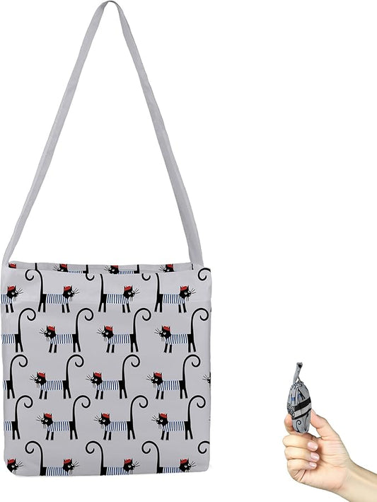 BeeGreen Black and Grey Cat Ultimate Crossbody Tote Bag - Reusable Grocery Shopping Bag - Foldable Compact Portable Sturdy Bags
