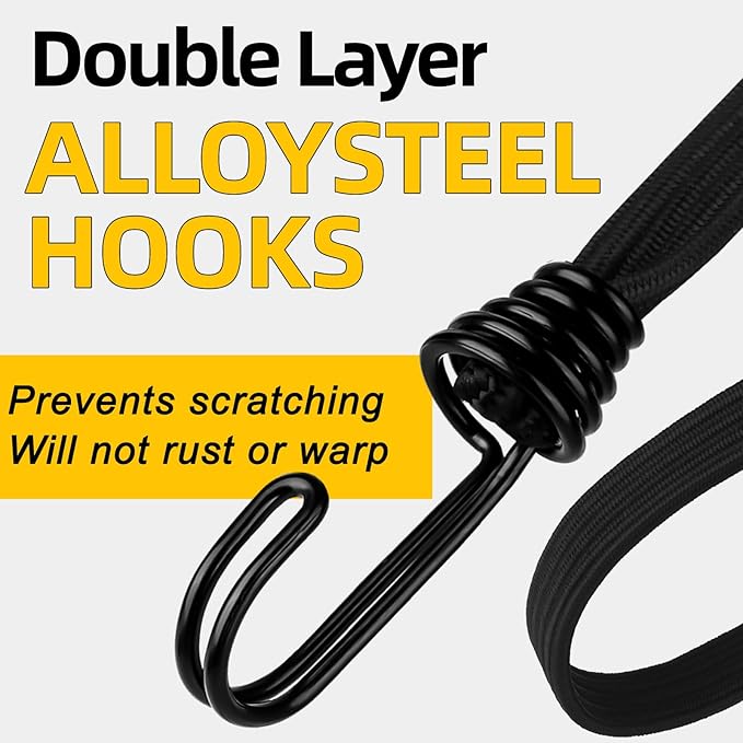 Bungee Cords with Hooks Heavy Duty, Flat Extra Strong Outdoor Bungee Straps, Secure Load Distribution Industrial Grade Bungee Rope for Securing Luggage, Tarps, Tents (Black, 36inch6pcs + 72inch2pcs)