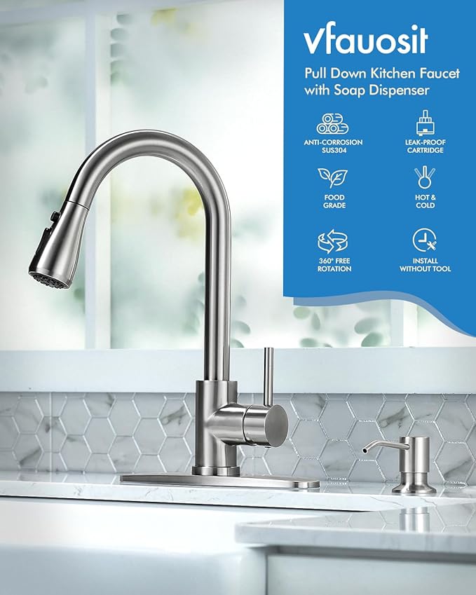 VFAUOSIT Kitchen Faucets with Pull Down Sprayer, RV Bath Faucets, Shower Faucet with Soap Dispenser for Sink Faucet 1 or 3 Hole, Suitable for Farmhouse Camper Laundry Rv Bar