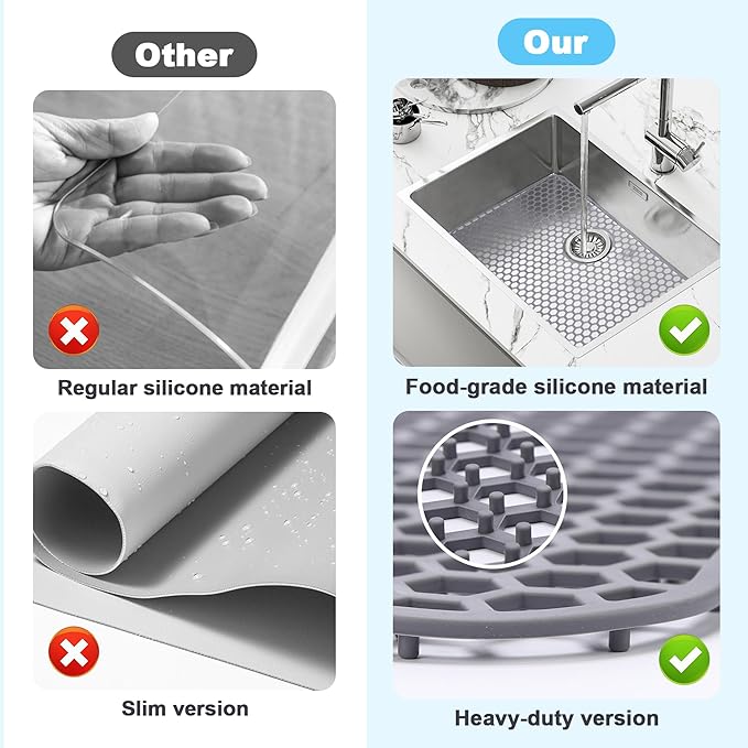 Sink Protectors for Kitchen Sink - 28.62" x 15.98" Silicone Mat - Can DIY Drain Holes - Non-slip Heat Resistant Liner for Bottom of Farmhouse Porcelain Stainless Steel（Grey）