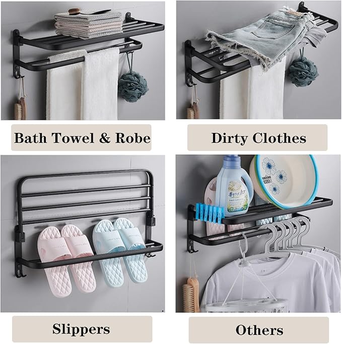 Towel Rack for Bathroom, Bath Towel Holder with Double Towel Bar and Foldable Towel Shelf, Rustproof Towel Organizer Wall Mounted Towel Storage Hanger for Bath/Balcony/Lavatory (16in Black)