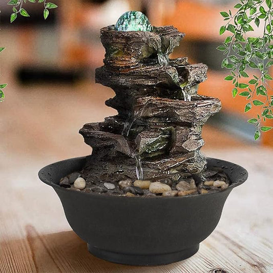 Ferrisland Tabletop Rock - Stacked Waterfall Fountain with LED - Lit Crystal Ball, Ideal for Office & Home Decor(Brown Gray)