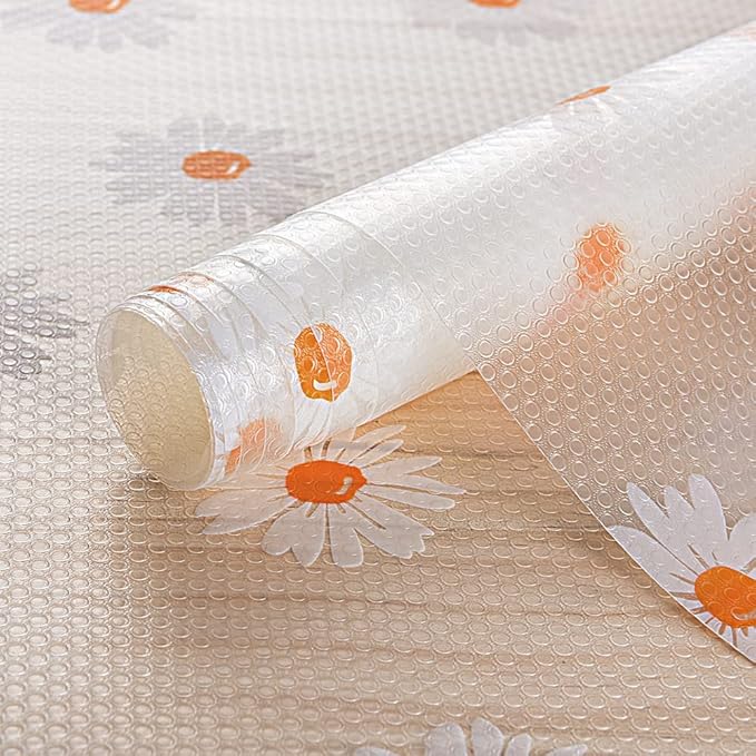 INNOLITES Shelf Liners for Kitchen Cabinets – Drawer Liner Waterproof & Oil-Proof, Non-Adhesive EVA with Floral Pattern – Durable Washable, Easy to Clean (Clean Daisy, 23.6" x 360")