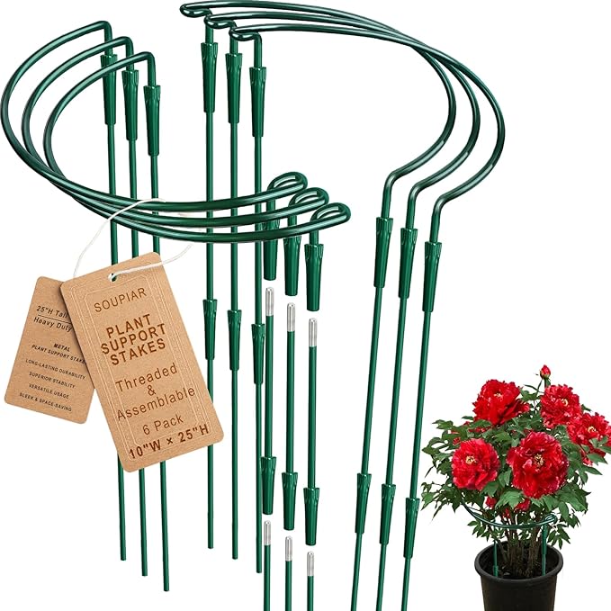 Soupiar 6 Pack Threaded Lock Metal Plant Support Stakes - 25" H Tall Peony Cage, Reusable Detachable Garden Ring for Hydrangea/Rose Bush/Potted Flowers, Indoor Outdoor Heavy Duty (10" W)