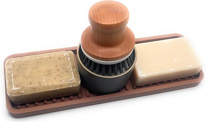 Happitasa Silicone Kitchen Sink Organizer Tray, Sponge Holder and Countertop Protector | Bathroom and Kitchen Soap Dish and Dispenser Tray (Mocha, 12"x4")