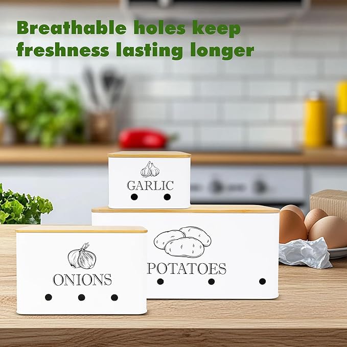 Kitchen Metal Vegetable Storage Bins,Metal Potato Onion Garlic Storage Set of 3 with Aerating Holes and Bamboo Lids,Farmhouse Canisters Sets for the Kitchen Countertop (1, Rectangular)