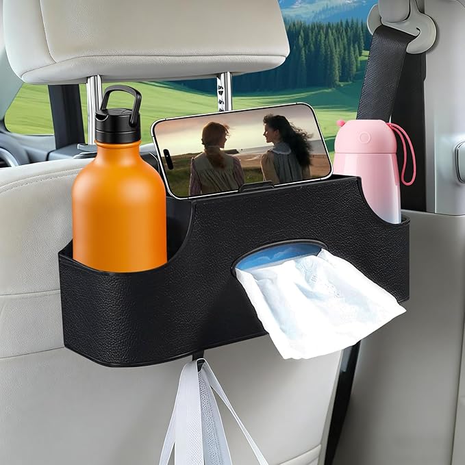 Back Seat Car Organizer, Upgraded Multifunctional Car Storage Box, Hanging Back Seat Storage Organizer, with Phone Holder, Tissue Box, Cup Holders, Hooks (Type B - Black)