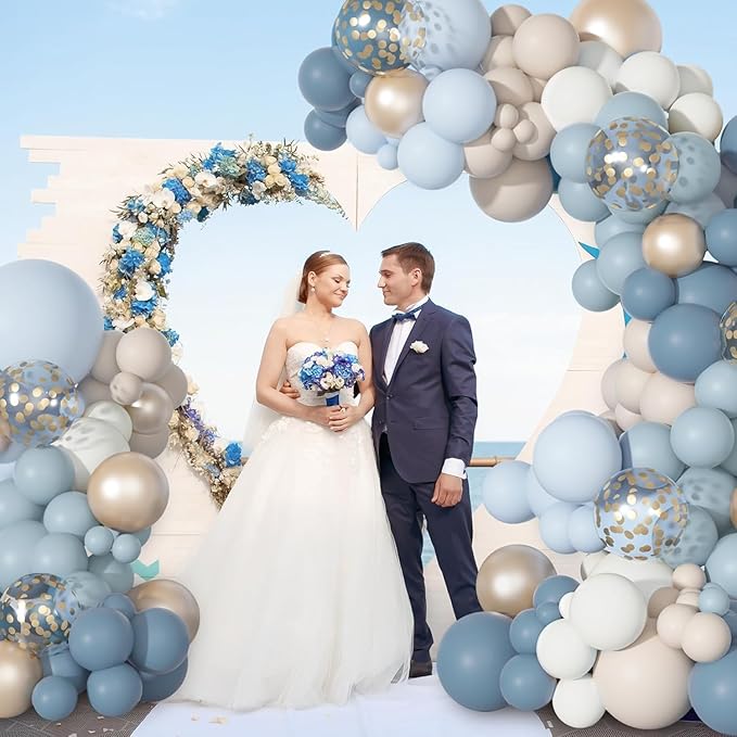 Ouddy Party Dusty Blue Balloons Arch Garland Kit, Different Sizes 18 12 10 5 Inch Dusty Blue Sand White Baby Blue Latex Metallic Confetti Balloon for Baby Boy Shower Wedding Birthday Party Decorations