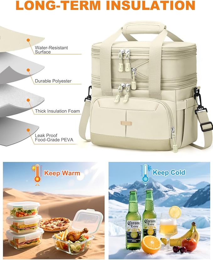 Pritent Lunch Box For Men Women Double Deck Insulated Lunch Bag For Men Woman Leakproof Expandable Cooler Bag with Adjustable Shoulder Strap for Kids Shool Work Picnic Camping(Beige,Large)
