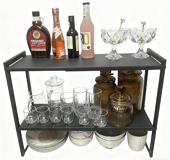 2 Tier Expandable Cabinet Shelf Organizer 14.5-25" L Kitchen Counter Shelf Rack Stand Sink Riser Countertop Storage Black (Normal 7.9”D)