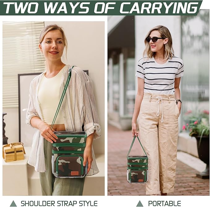 Insulated Lunch Bag for Women Men, Reusable 3 Layers Lunch Box Women, Expandable Reusable Water-resistant Lunch Box for Work Travel Office Picnic Hiking (Green Camo)